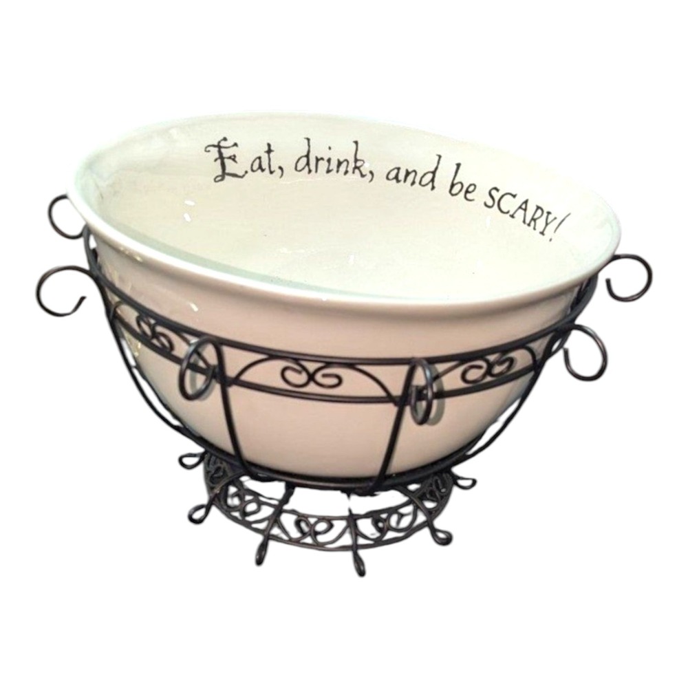 Halloween Gothic Serving Bowl Cat Stand Eat Drink Be Scary Ceramic Decor